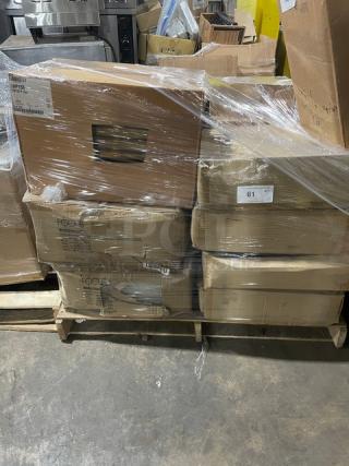 BRAND NEW! MIXED PALLET! Cambro Camwear Series Commercial Clear 12"x20" Dome Shaped Display Cover! Model: DD1220ECW135! With Rubbermaid Commercial 3-Gal. Hands-Free; Pedal Operated Sanitary Bin! Model: FG750243! With Focus Foodservice Commercial Clear Snap-On Full-Size Sheet Pan Cover! Model: 90PSPCFL! With Cambro H-Pan Series Commercial Amber Full-Size 6" Deep High Heat Food Pan! Model: 16HP150! With Cambro Camwear Series Commercial Black Polycarbonate 8 Qt. Full Sized Food Pans! Model: 12CW110! With Cambro X-Pan Series Commercial Black Onyx Full-Size 2.5" Deep High Heat Food Pan! Model: 12HP771!  & MORE! 18X Your Bid!