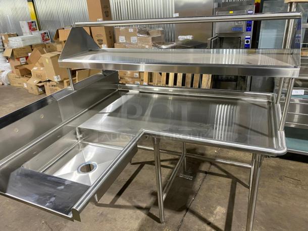 BRAND NEW! Custom Commercial Stainless Steel L-Shaped Dishwashing Station! With Left Side Single Compartment Sink! With Right Side Overhead Double-Sided Slant Rack/Sorting Shelf! On Legs! - Image 1 of 8