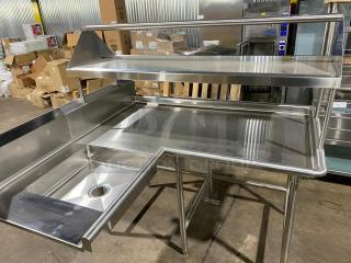 BRAND NEW! Custom Commercial Stainless Steel L-Shaped Dishwashing Station! With Left Side Single Compartment Sink! With Right Side Overhead Double-Sided Slant Rack/Sorting Shelf! On Legs! - Item #1189924