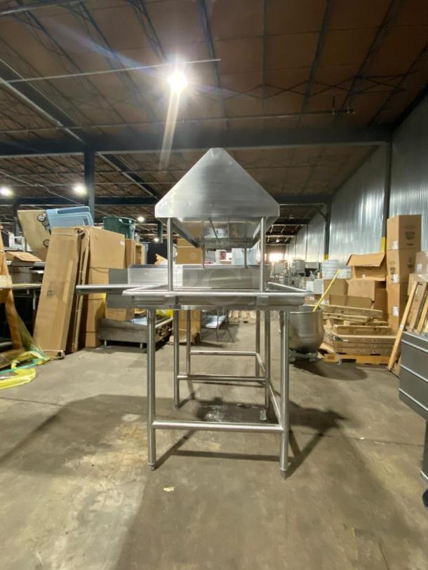 BRAND NEW! Custom Commercial Stainless Steel L-Shaped Dishwashing Station! With Left Side Single Compartment Sink! With Right Side Overhead Double-Sided Slant Rack/Sorting Shelf! On Legs! - Image 3 of 8