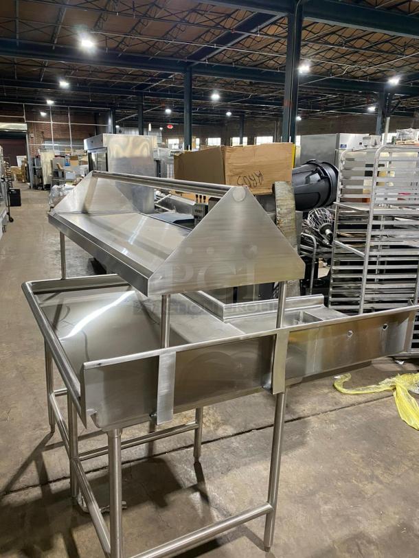 BRAND NEW! Custom Commercial Stainless Steel L-Shaped Dishwashing Station! With Left Side Single Compartment Sink! With Right Side Overhead Double-Sided Slant Rack/Sorting Shelf! On Legs! - Image 6 of 8