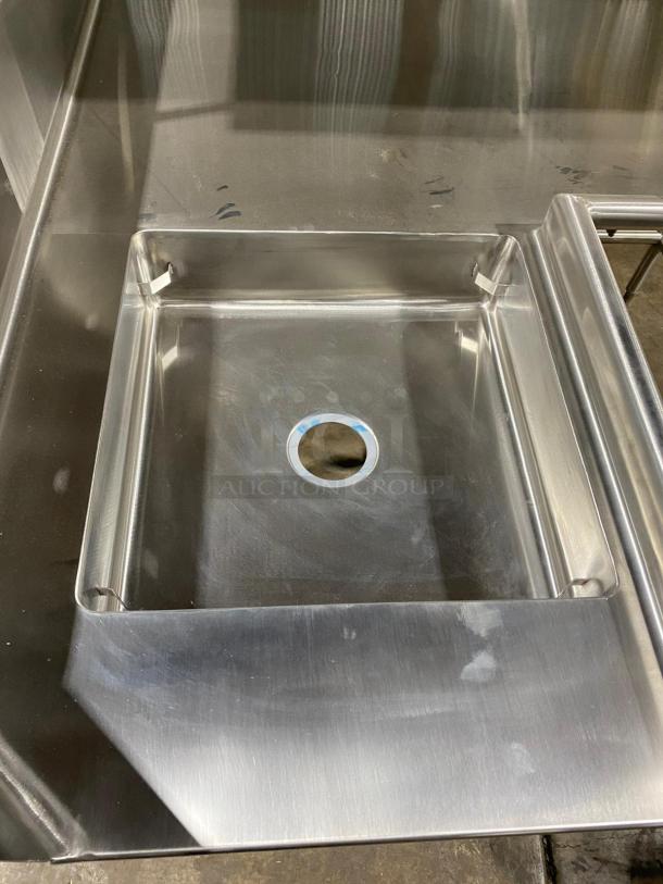 BRAND NEW! Custom Commercial Stainless Steel L-Shaped Dishwashing Station! With Left Side Single Compartment Sink! With Right Side Overhead Double-Sided Slant Rack/Sorting Shelf! On Legs! - Image 7 of 8