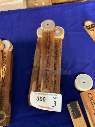 "Crown Valley" wooden beer tap handle, branded with logo, fair condition, auction tag marked '300', quantity of 3.