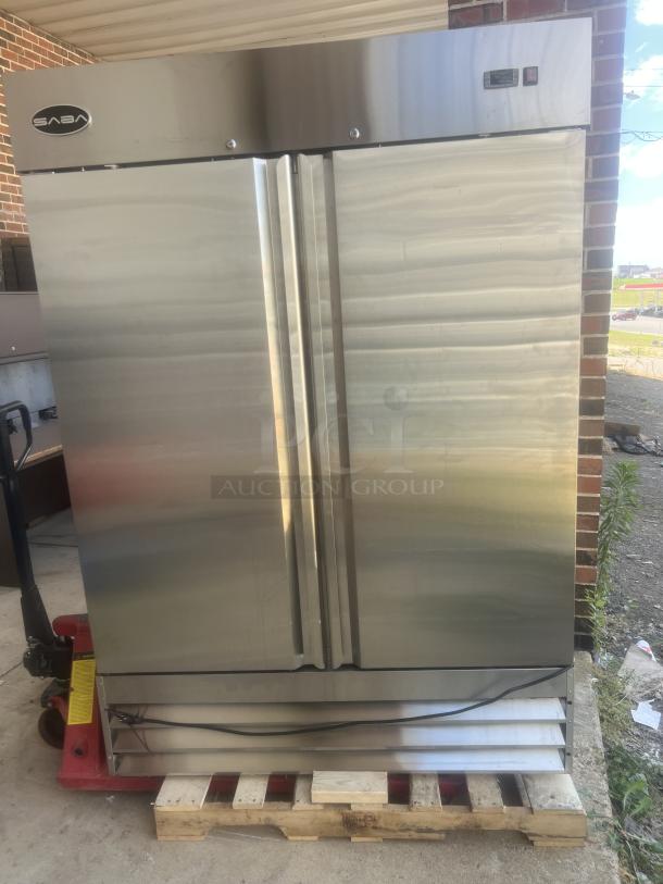 New SABA stainless steel 2-door refrigerated cooler on castors, model S-47R, in pristine condition.
