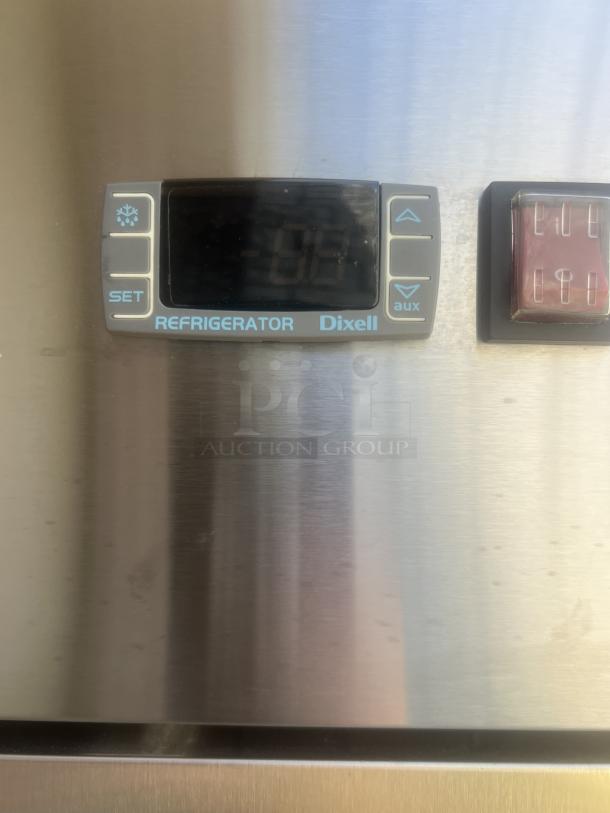 SABA stainless steel 2-door refrigerated cooler, model S-47R, features digital Dixell temperature control and castors.
