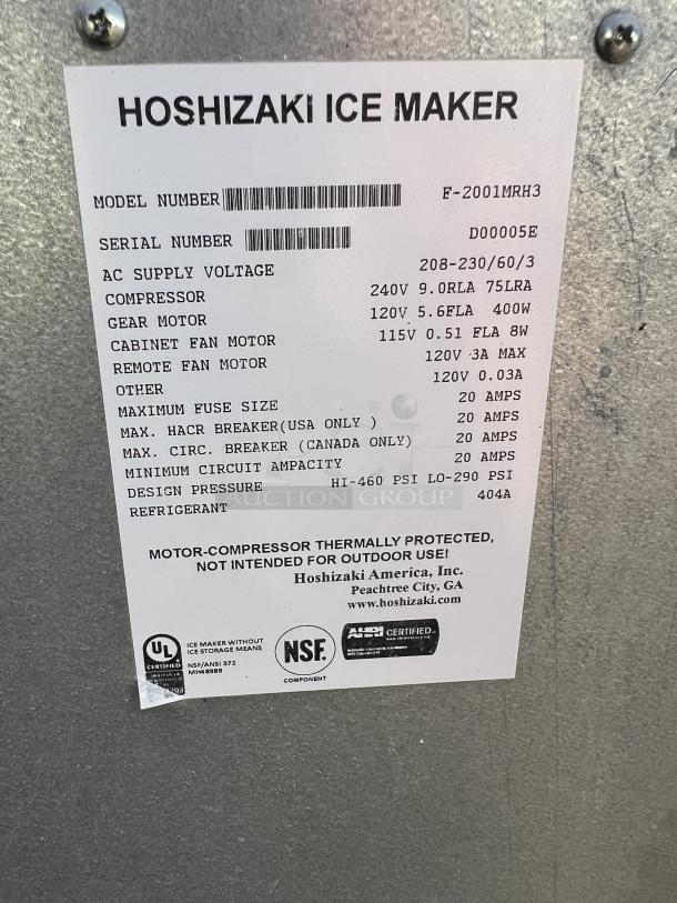 Hoshizaki 2000 lb stainless steel flake ice maker label, model F-2001MRH3, showing electrical specs and certifications.