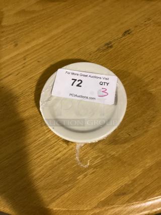 Small saucer dessert plate, 5-1/2 inches, white, set of 3. Auction tag displaying number 72, quantity 3.
