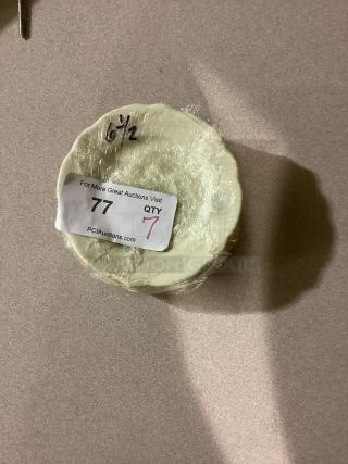 Set of 7 medium scalloped desert plates, 6-3/8 inches, wrapped in plastic. Auction lot tag indicating quantity.