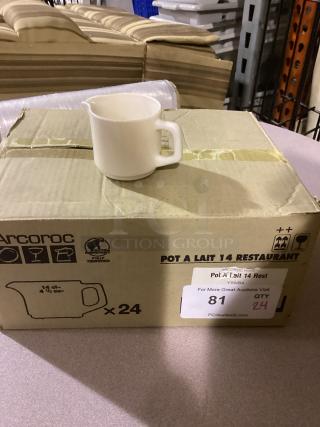 Arcoroc restaurant milk cup, 4-1/2 oz, 24 count in box, ivory color, fully tempered, new condition, marked for auction.