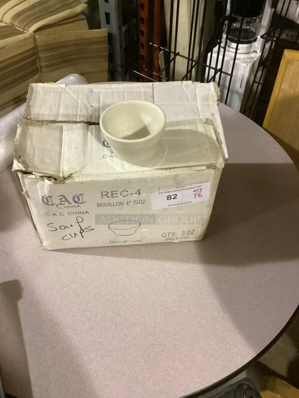 C.A.C. China soup cups, 4-inch, 7-1/4 oz, box of 36, one cup displayed on top, new condition.