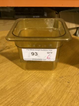 Plastic food pan, 6-3/4"x6-1/4", quantity 6. Lightly used, auction label showing item number 93 and quantity 6.