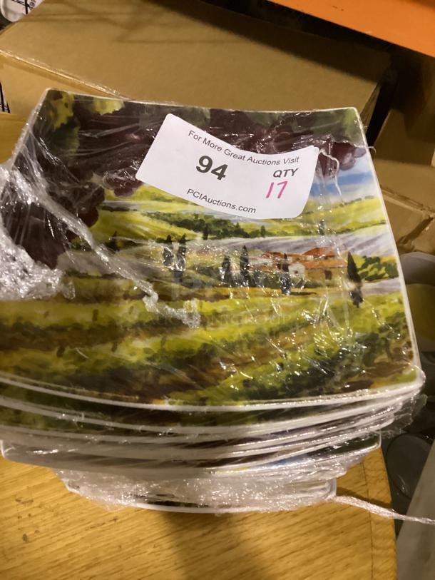 Square Farm designed plates, 8-1/2 inch, set of 17, featuring a rustic landscape scene, securely wrapped, labeled "QTY 17."