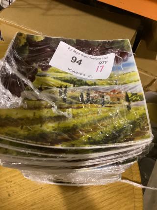 Square Farm designed plates, 8-1/2 inch, set of 17, featuring a rustic landscape scene, securely wrapped, labeled "QTY 17."