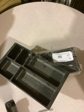 Black desk drawer organizer with multiple compartments, set of two. Includes auction tag for quantity and bid details.