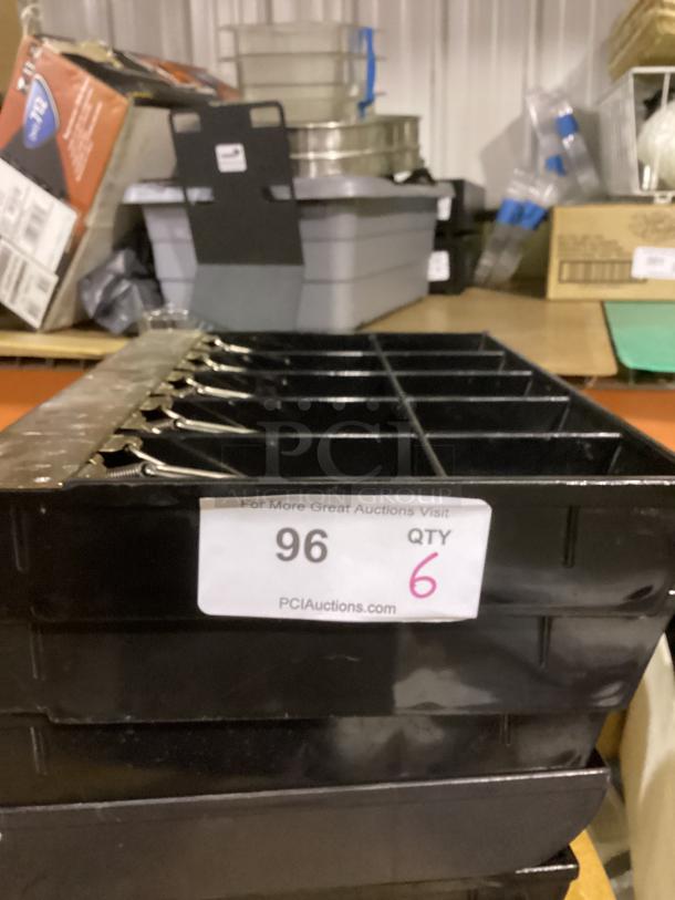Black cash register drawers, Qty: 6, with compartments for organizing cash. Visible auction tag: Lot 96.