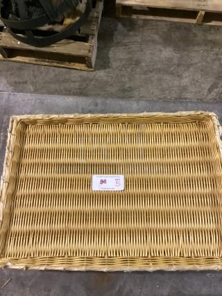Flat wicker basket, dimensions 26-1/8", in good condition. Includes lot tag with quantity 5 and auction info.