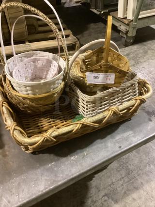 Assorted 14 baskets in various sizes, materials include wicker and wood. Tag reads "Qty 14". Ideal for decorative use.