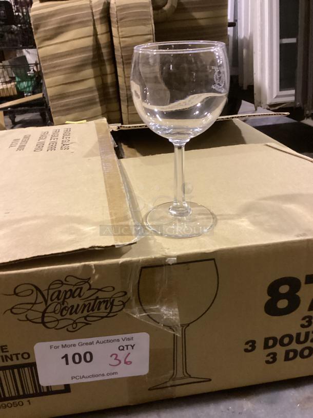 Set of 36 Napa Country red wine glasses, 8-1/2 inches tall, displayed on original packaging, perfect condition.