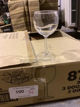 Set of 36 Napa Country red wine glasses, 8-1/2 inches tall, displayed on original packaging, perfect condition.