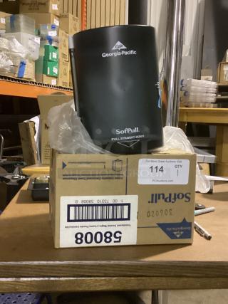 Georgia-Pacific SoftPull paper towel dispenser, model 58008, in original box, new condition. Black with pull-down feature.