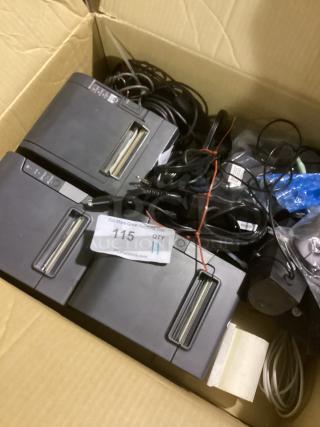 Box of miscellaneous electronics and wires, including card readers. Quantity: 11. Auction tag: Lot 115.