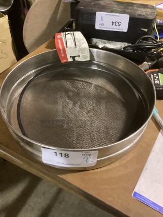 Stainless steel strainer, 13-5/8 inch diameter, new with tag, quantity 2, auction label visible.