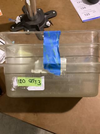 Three 12-5/8" plastic dish containers, stacked. Marked "120 QTY: 3" with blue tape. Used condition.