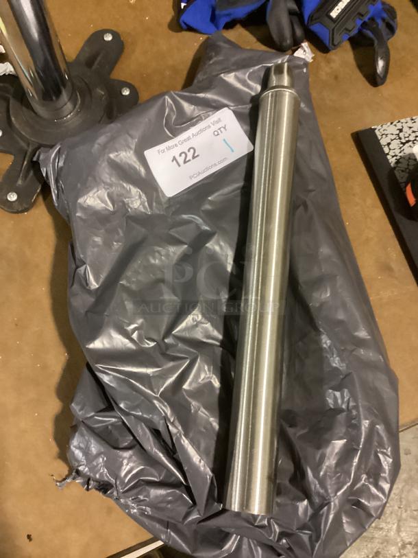 Steel table leg, 16-1/4 inches, in metallic finish. Features a sturdy base and a label showing "122" and "Qty: 1".