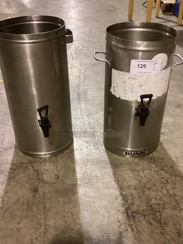Stainless steel Bunn tea/coffee dispensers, 19-7/8" height, with handles and spouts. Includes labels. Qty: 2, used condition.