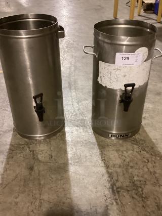 Stainless steel Bunn tea/coffee dispensers, 19-7/8" height, with handles and spouts. Includes labels. Qty: 2, used condition.