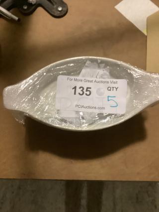 Small gravy bowl wrapped in plastic with auction label "135" indicating quantity of 5.