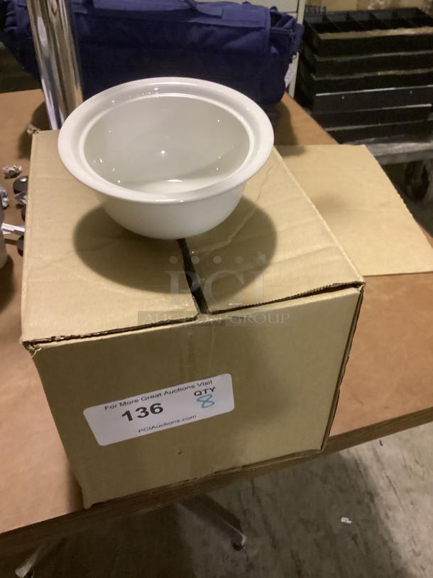 Small white gravy bowl, 5-3/4 inches, on a labeled box (Qty: 8). Appears unused. Auction bid x3.