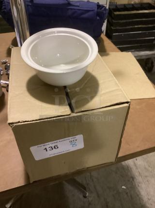 Small white gravy bowl, 5-3/4 inches, on a labeled box (Qty: 8). Appears unused. Auction bid x3.