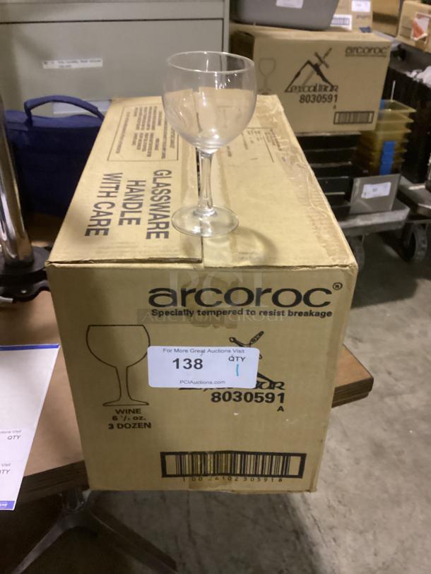 Small wine glass, 5-3/8 inches, on Arc International box. Arcroc branding, label indicates 3 dozen, specialty tempered. Auction tag 138.