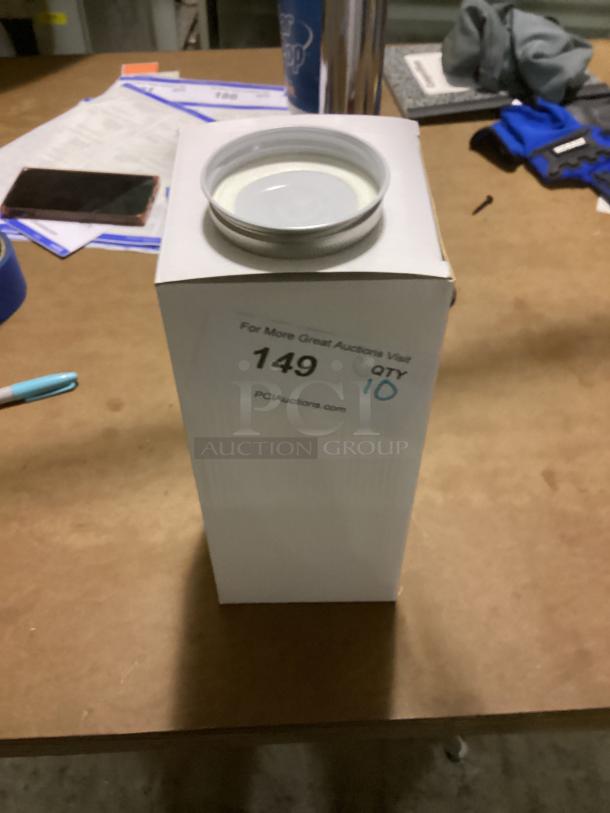 10 three-inch metal jar lids in box, new condition. Label shows auction number 149, quantity 10.