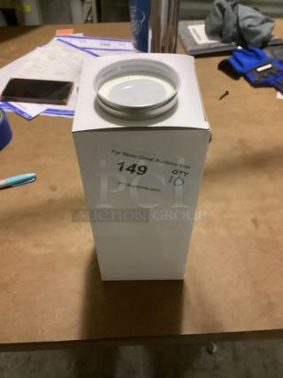 10 three-inch metal jar lids in box, new condition. Label shows auction number 149, quantity 10.