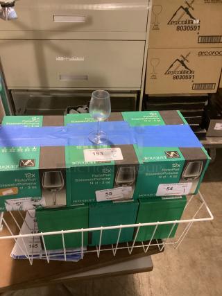 6 Port Wine 5 oz glasses in original boxes, labeled "Bouquet," each box contains twelve glasses. Mild wear on packaging.