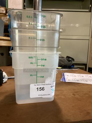 Three plastic food measurement containers, each marked in liters and quarts, with a label indicating quantity 3.