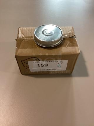 Small metal jar lids, 2-5/8 inch, qty 11, on box with auction label 159 from PCIAuctions.com.