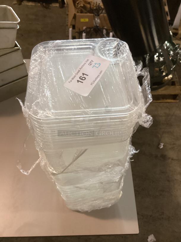 Stack of plastic food trays, 8-1/8 inches, quantity 73, wrapped in plastic. Auction tag indicates Lot 161.
