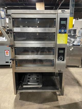 AWESOME! Wiesheu Commercial Stainless Steel Electric Powered Double Stacked 4-Compartment Artisan Bread/Pizza Deck Oven! With Steam! With Enclosed Storage Cabinet Base! Model: X1722-A-ABMAA SN: 10234690/10234691! 208V 3 Phase! On Casters! WORKING WHEN REMOVED! 2X Your Bid Makes One Unit! - Item #1188366