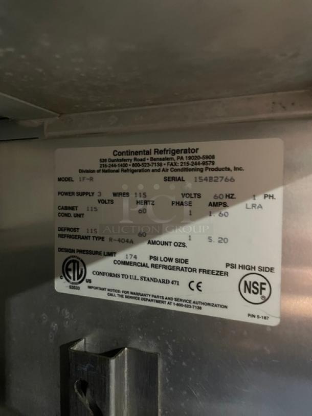 Label on Continental Refrigerator model 1F-R, showing serial number 15428766, 115 volts, compliant with NSF and UL standards.