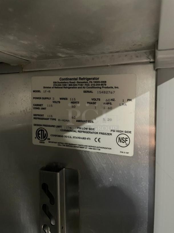 Continental Refrigerator model 1F-SH. Serial 15482767. Commercial freezer, 115 volts, R-404A refrigerant. NSF certified.
