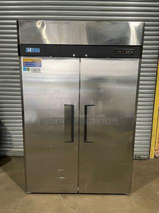 Stainless steel double-door commercial refrigerator by MB. Features digital display, quality tag visible. Used condition.