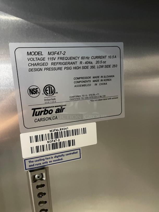 Turbo Air M3F47-2 refrigerator label showing model details, voltage 115V, refrigerant R-404A, and assembly information.