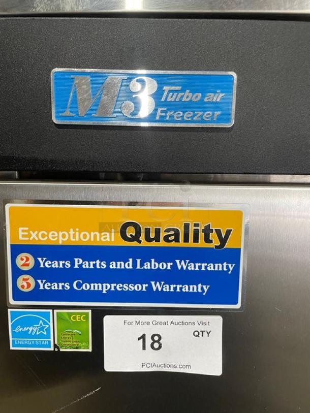 M3 Turbo Air Freezer with warranty labels; 2-year parts and labor, 5-year compressor warranty. Energy Star certified.