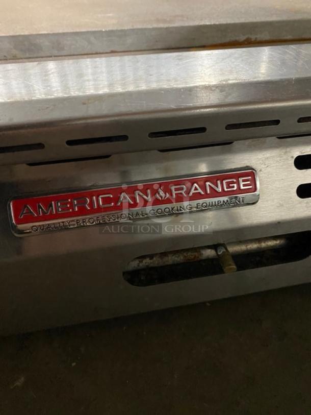 American Range cooking equipment in stainless steel, featuring a branded label indicating quality, professional use.
