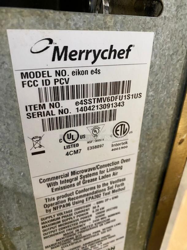 Merrychef eikon e4s commercial microwave/convection oven label with model, serial number, and safety certifications.