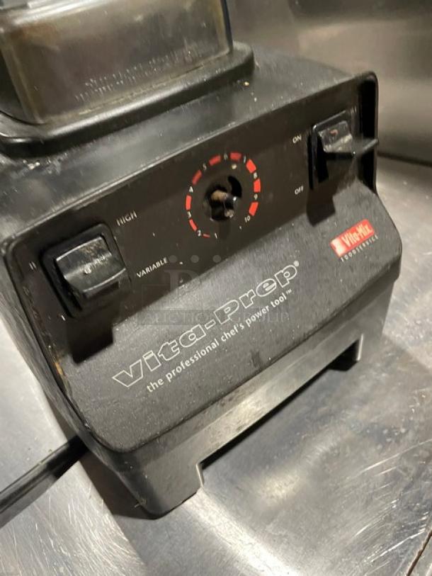 Vita-Prep blender base, black, showing variable speed dial, power switch, and Vitamix branding. Condition: used.