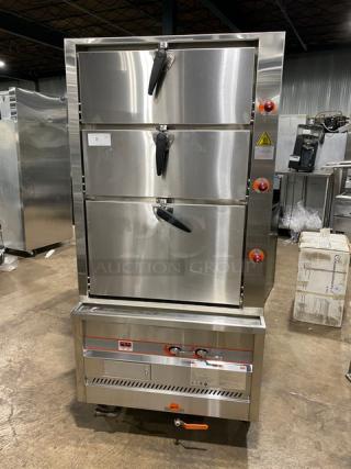 Flame-Mate Commercial Stainless Steel Natural Gas Powered 3-Compartment Environmental Steam Cabinet! Model: ESC-3N-N SN: EC030ENFS00066660AB! On Legs!
